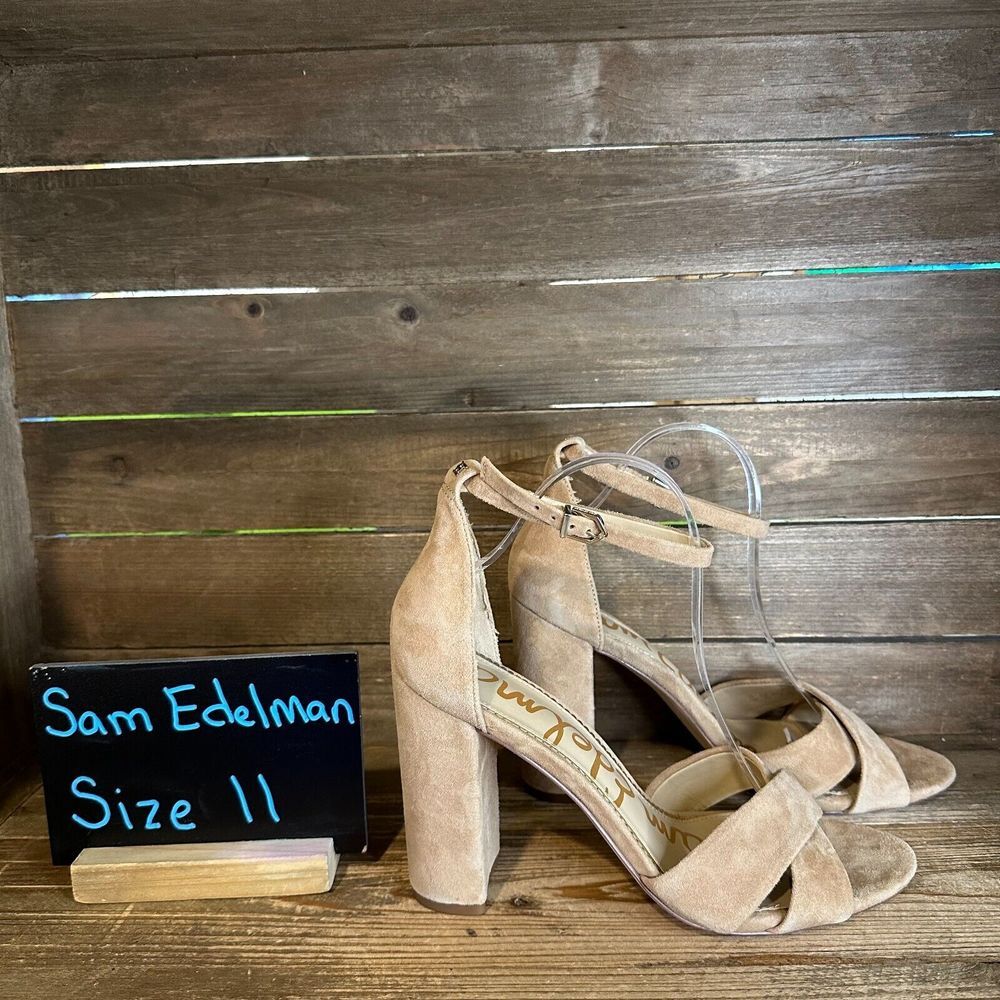 New Womens Sam Edelman Yancy Tan Suede Open Toe Heels Sandals Shoes Size 11 M‎